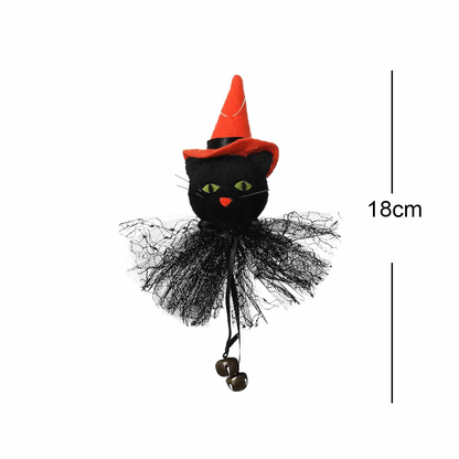 a black cat with a red hat and a black dress