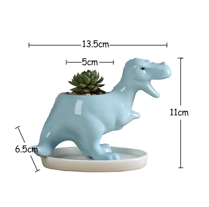 a blue dinosaur planter with a succulent in it