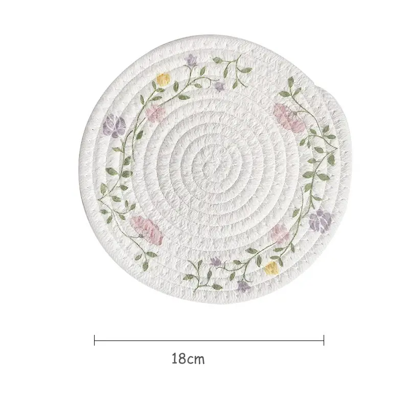 a white round rug with flowers on it