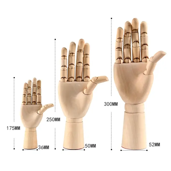 a wooden hand is shown with measurements