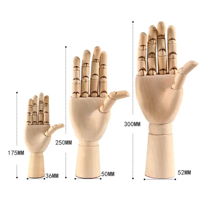 a wooden hand is shown with measurements
