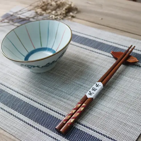 two chopsticks and a bowl on a table