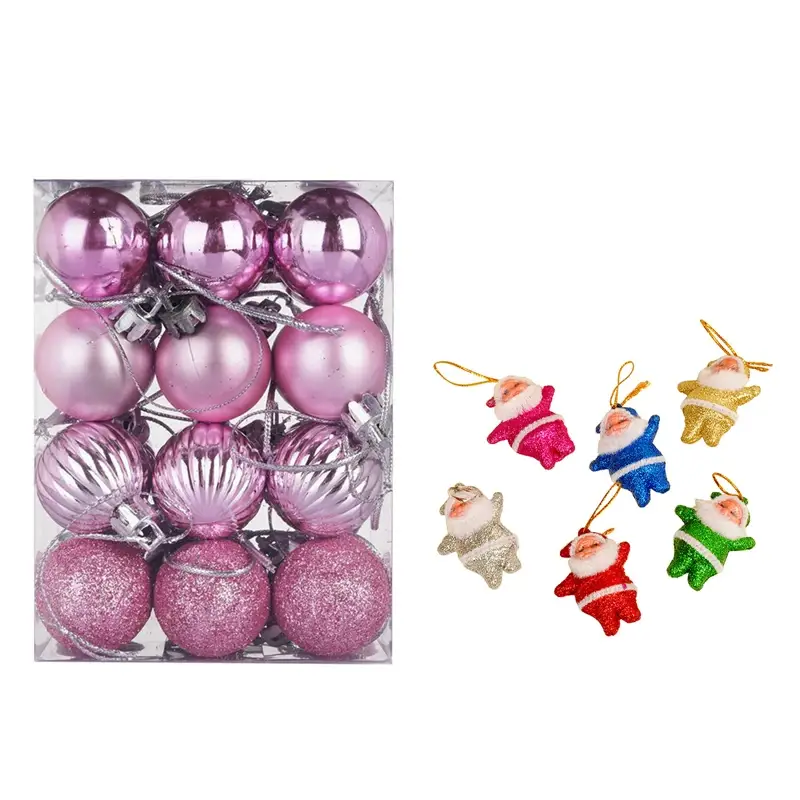 a box filled with pink and purple ornaments