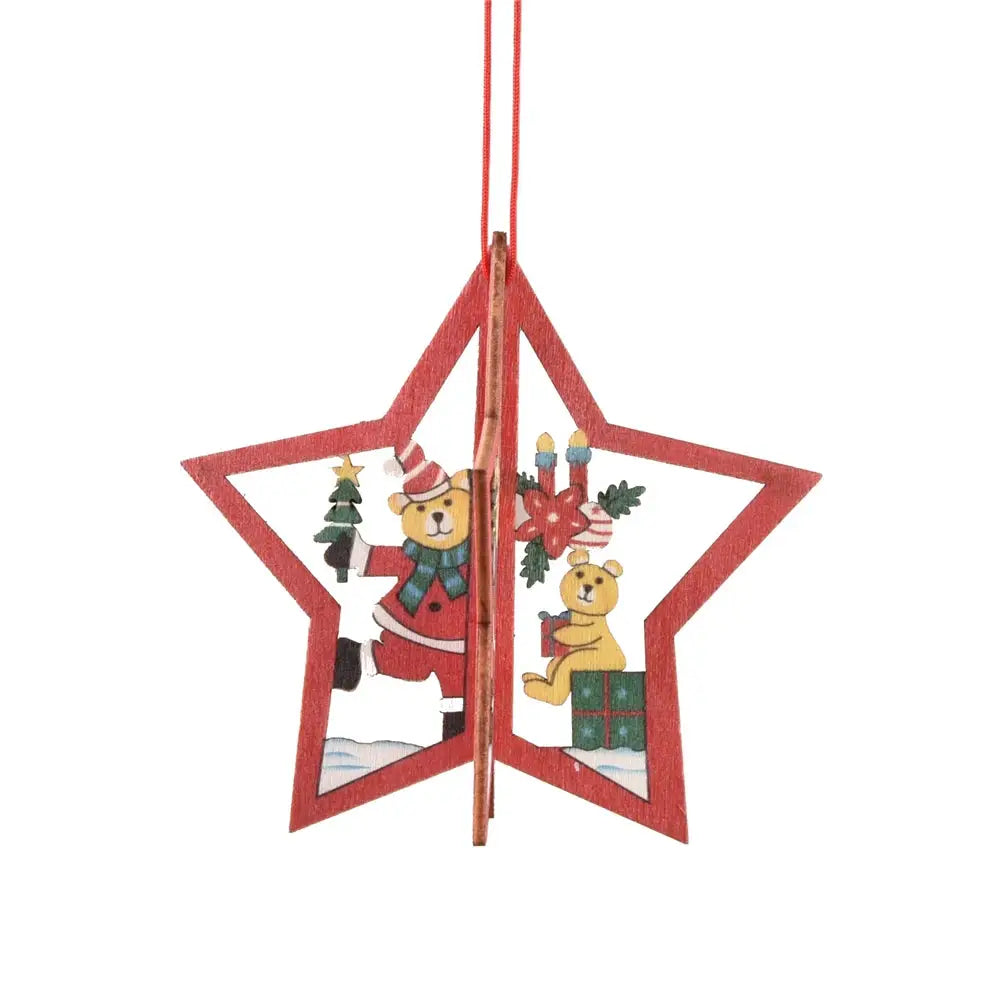 a star shaped ornament with a bear and a christmas tree