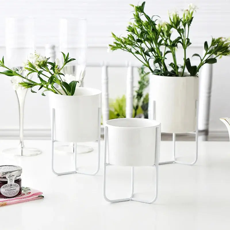 three white planters sitting on top of a white table