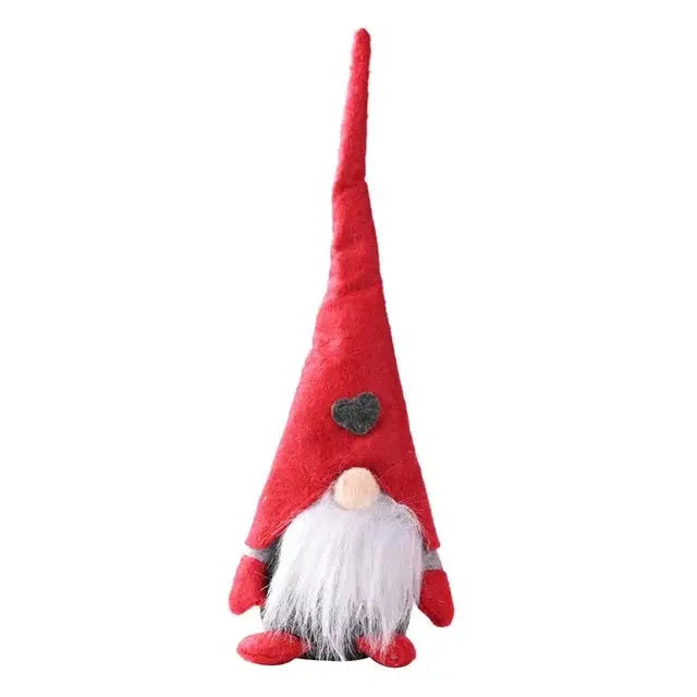 a red and white gnome hat with a heart on it
