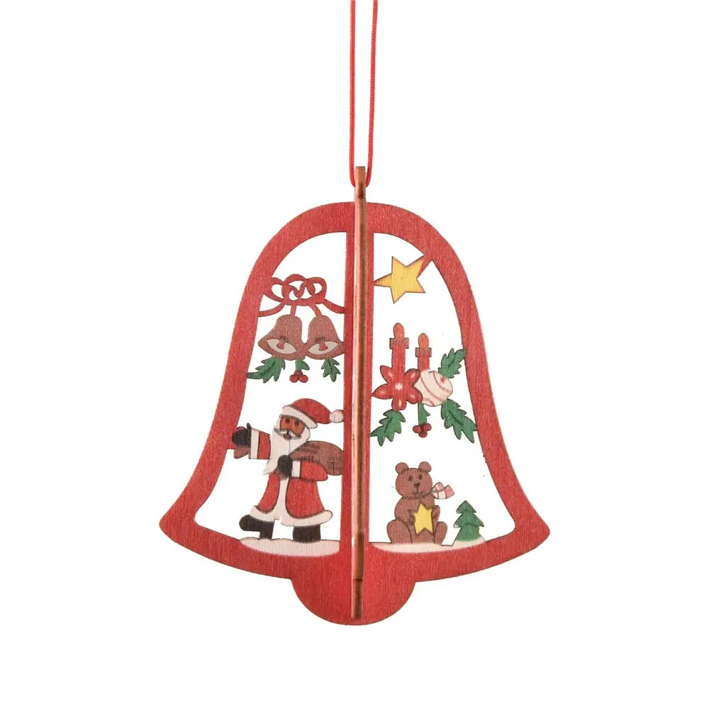 a christmas bell ornament hanging from a string