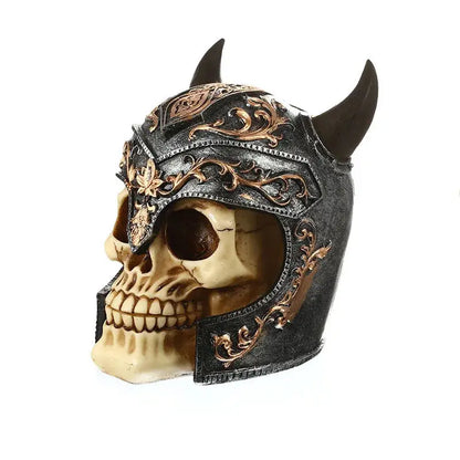a skull wearing a helmet with horns on it