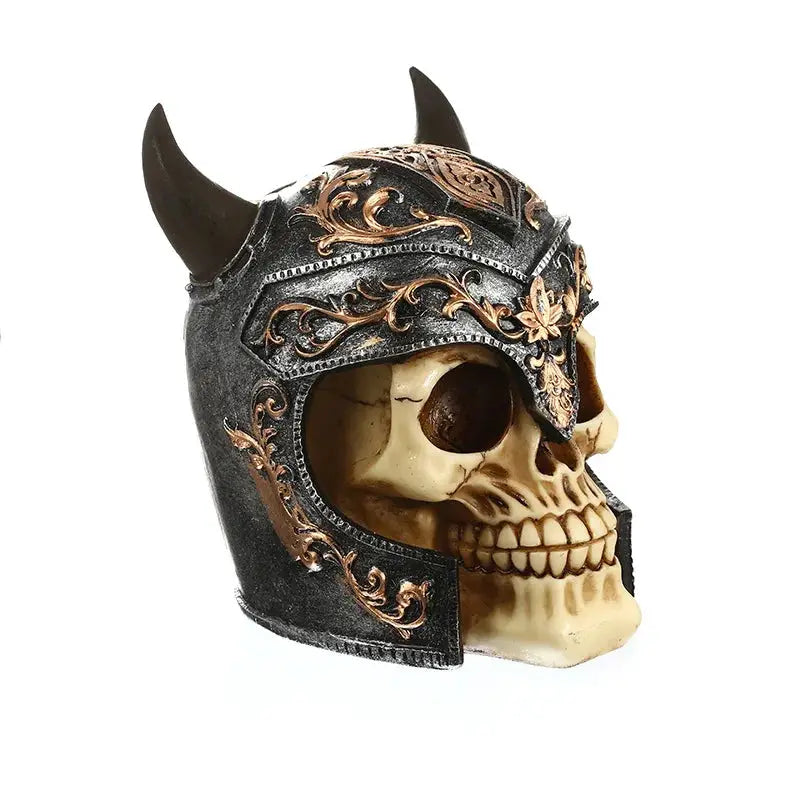 a skull wearing a helmet with horns on it