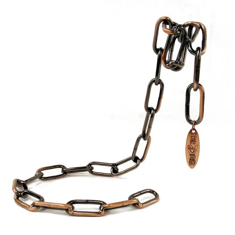 a chain with a wooden tag attached to it
