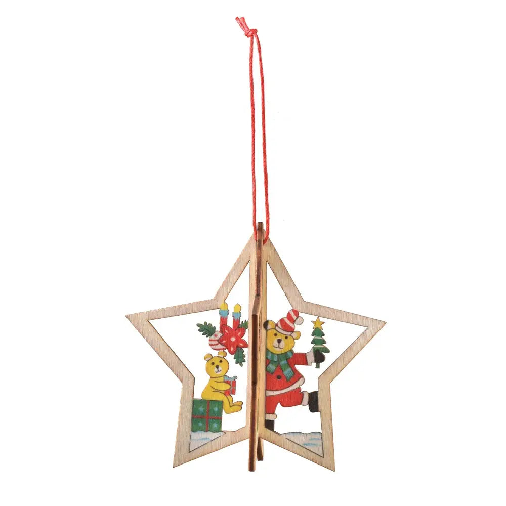 a wooden star ornament hanging from a string