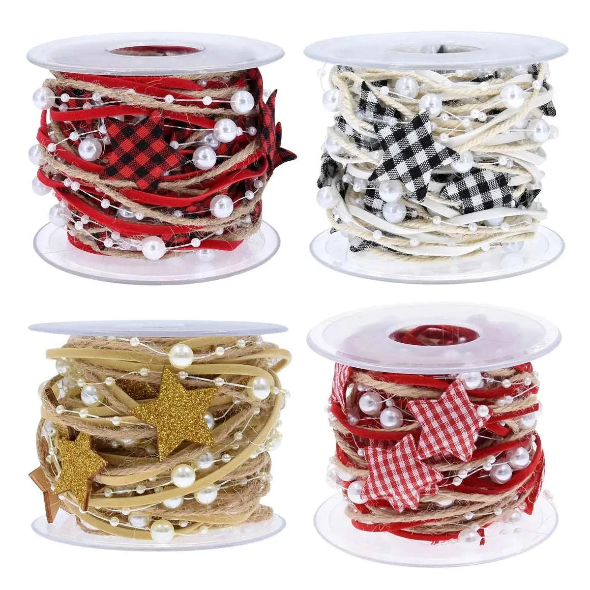 four spools of ribbon with bows and bows on them