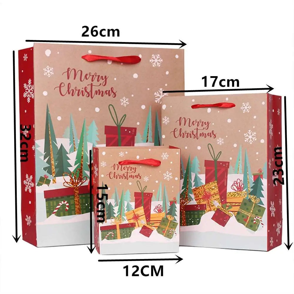 three christmas gift bags are shown with measurements