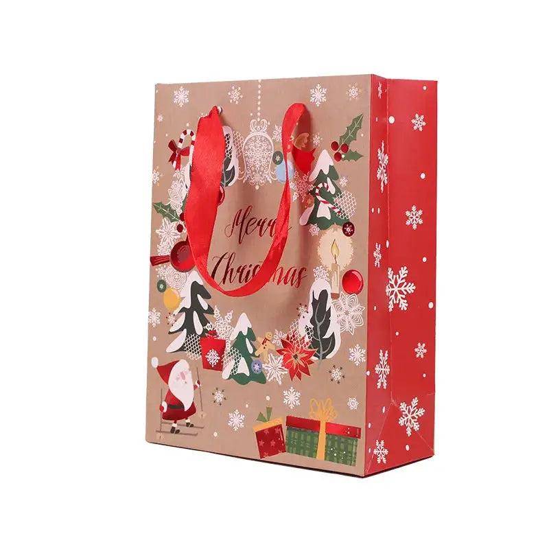 a christmas shopping bag with a red ribbon