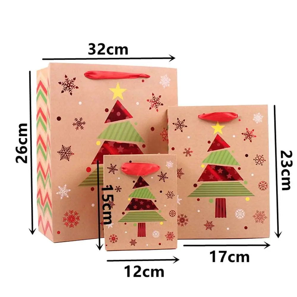 three christmas gift bags with different designs on them