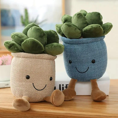 a couple of stuffed plants sitting on top of a wooden table