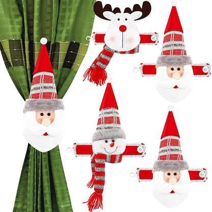 a set of four christmas gnomes hanging from a curtain