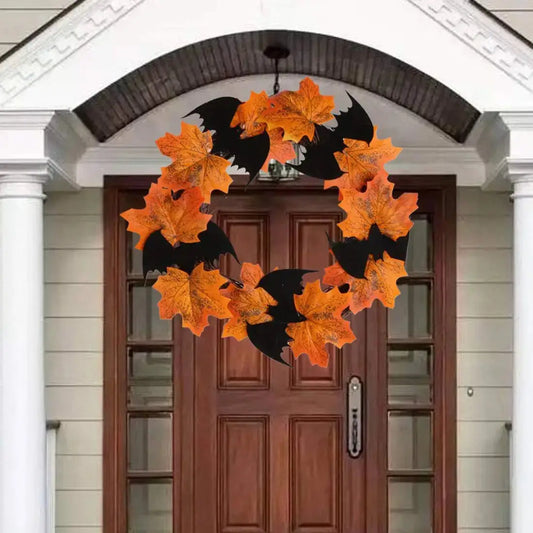 a door with a wreath made of leaves on it