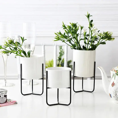 a white table topped with three white vases filled with plants