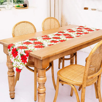 a wooden table with a red and white tablecloth on it