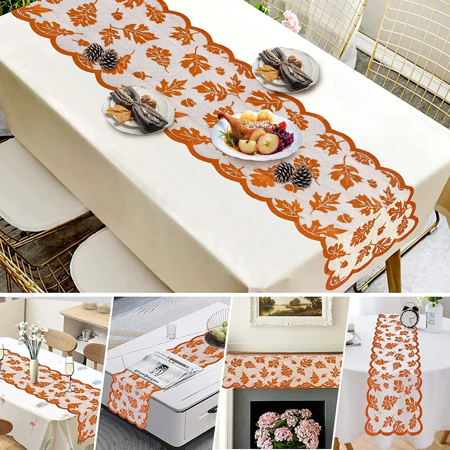 a collage of photos of a table with a white tablecloth and orange table