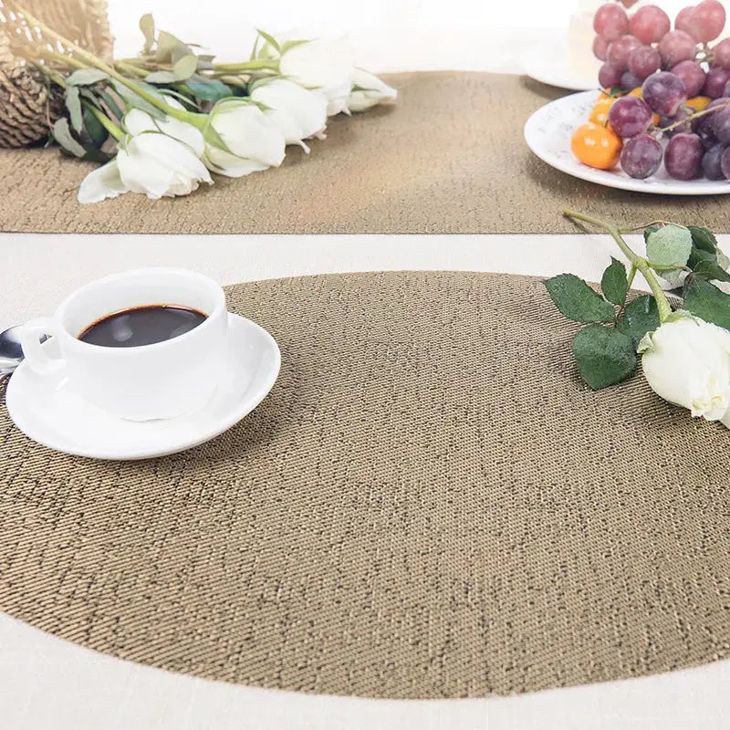 a place mat with a cup of coffee on it
