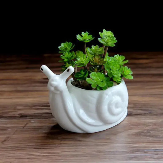 a white ceramic snail planter with a green plant in it