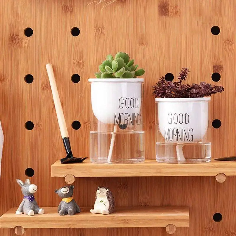a wooden shelf with two planters on it