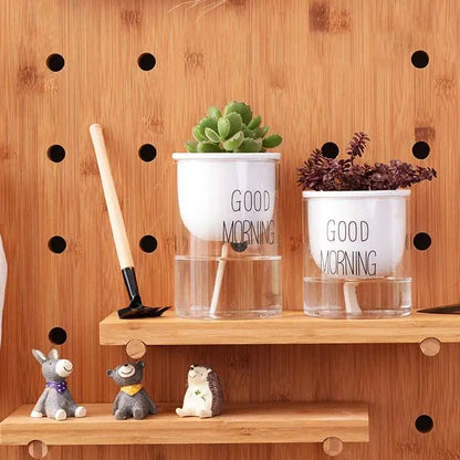 a wooden shelf with two planters on it