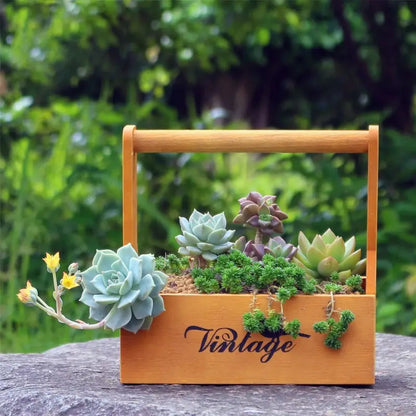 a wooden box filled with succulents on top of a rock