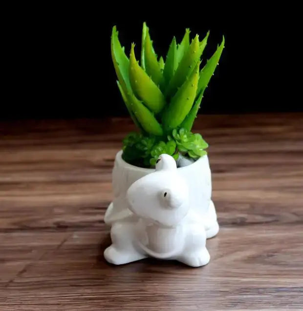 a small white bear planter with a succulent in it