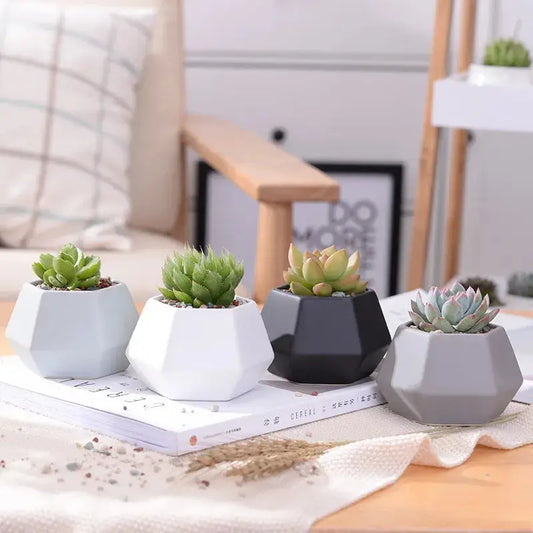 a table topped with three pots filled with succulents