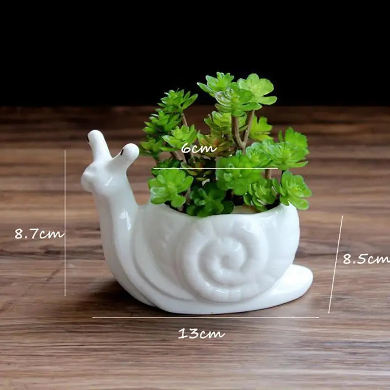 a white ceramic snail planter on a wooden table