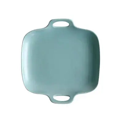 a blue serving tray with handles on a white background