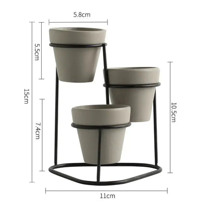 three planters on a stand with measurements