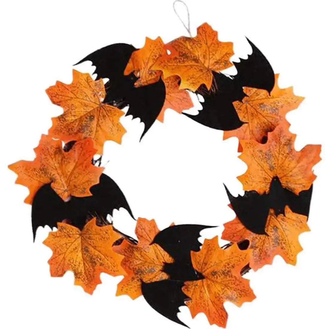 a wreath decorated with orange and black leaves