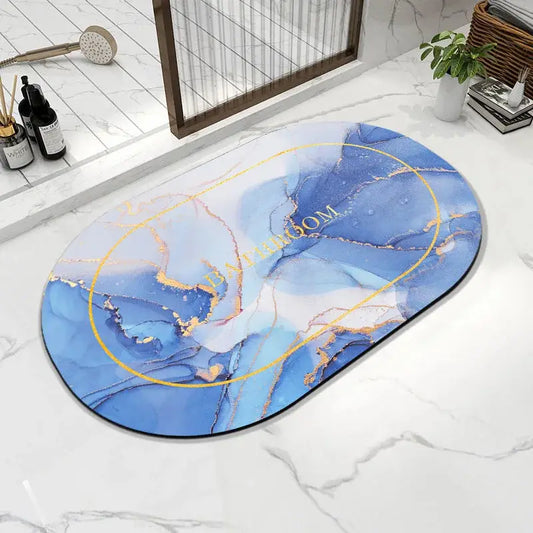 a bathroom rug with a blue and gold design