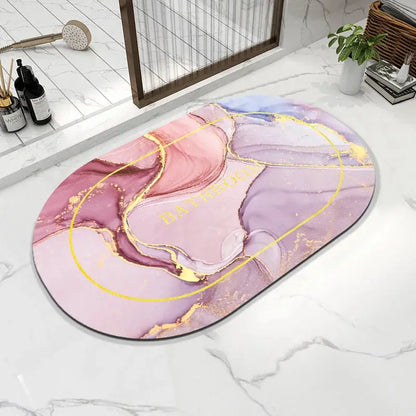 a bath mat with a pink and purple design on it