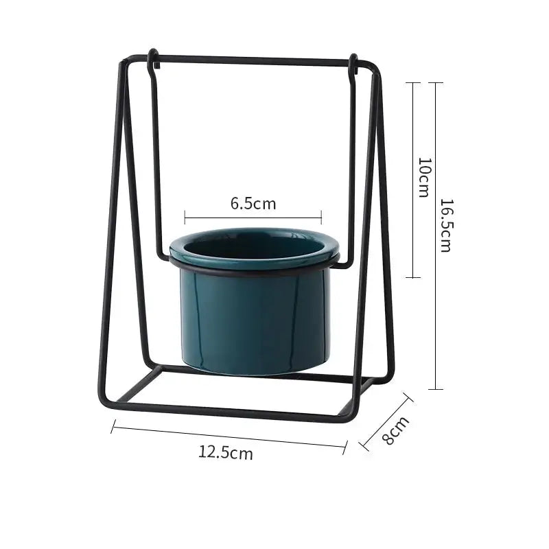 a black metal stand with a blue bucket on it