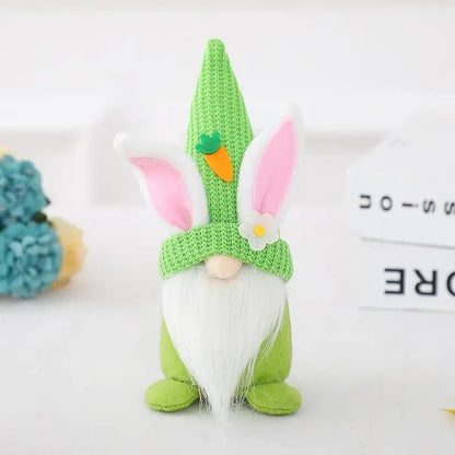 a green knitted gnome with a white beard and pink ears