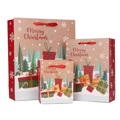 three christmas gift bags with presents on them