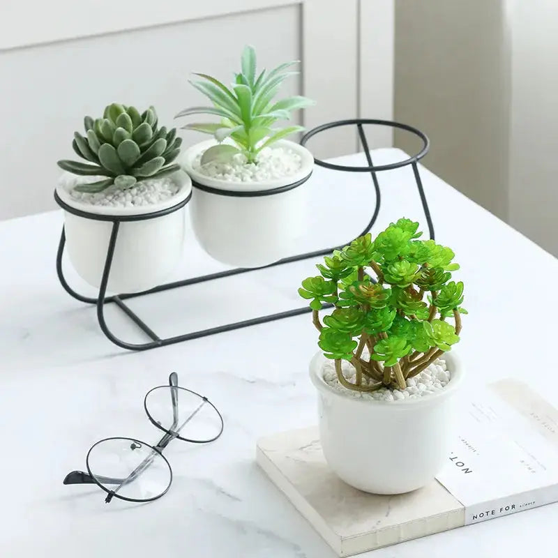 a white table topped with a potted plant next to a pair of glasses
