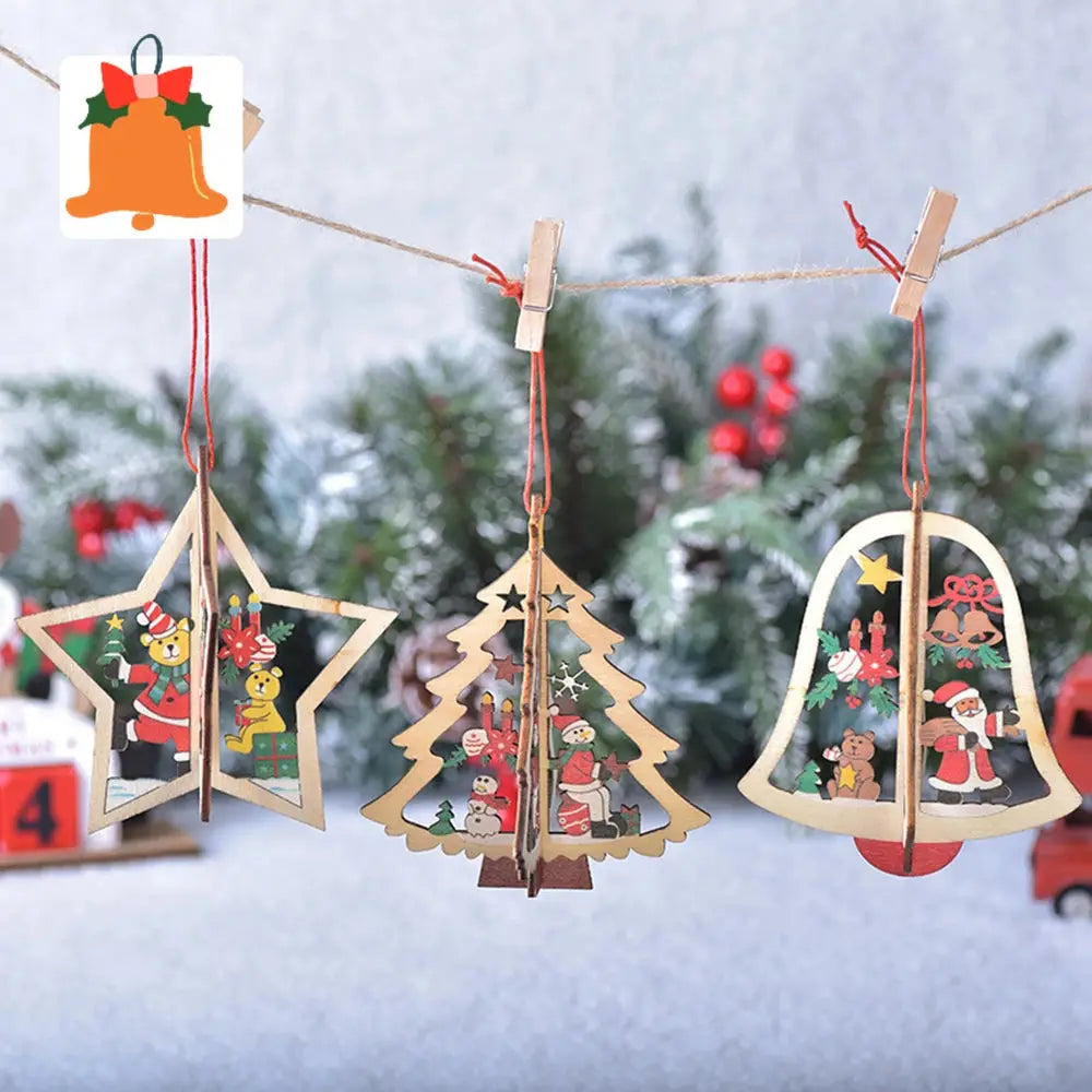 a group of christmas decorations hanging from a line