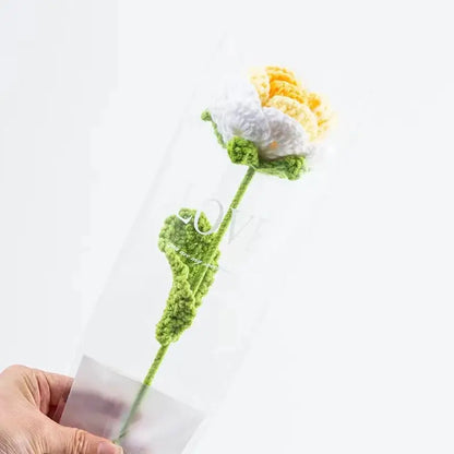 two crocheted flowers in a clear vase