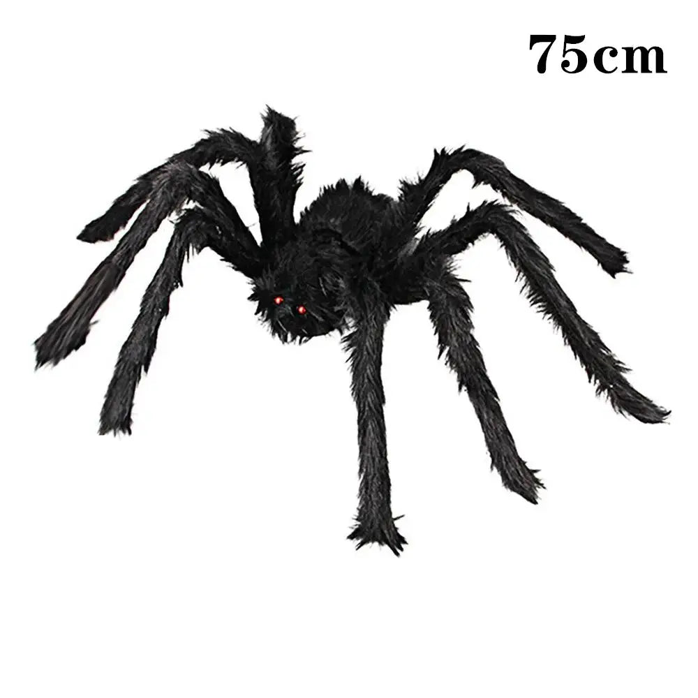 a large black spider with red eyes on a white background