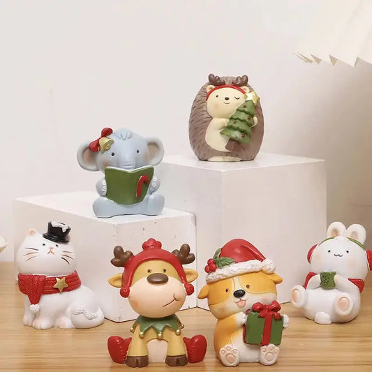 a group of animal figurines sitting on top of a wooden table