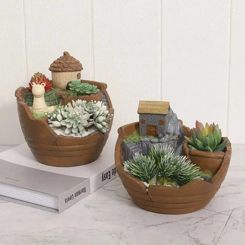 a couple of planters sitting on top of a table