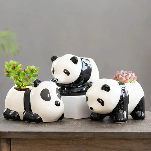 a group of three panda bears sitting next to each other