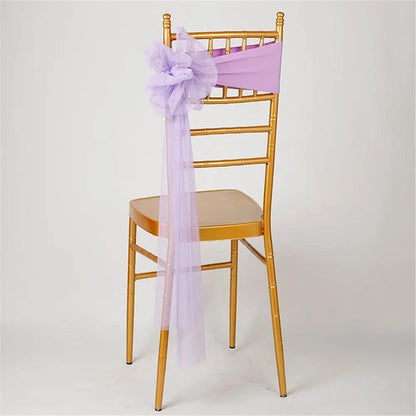 a chair with a purple sash on it