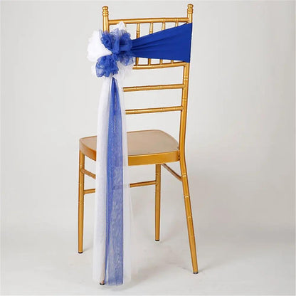 a chair with a blue sash tied to it